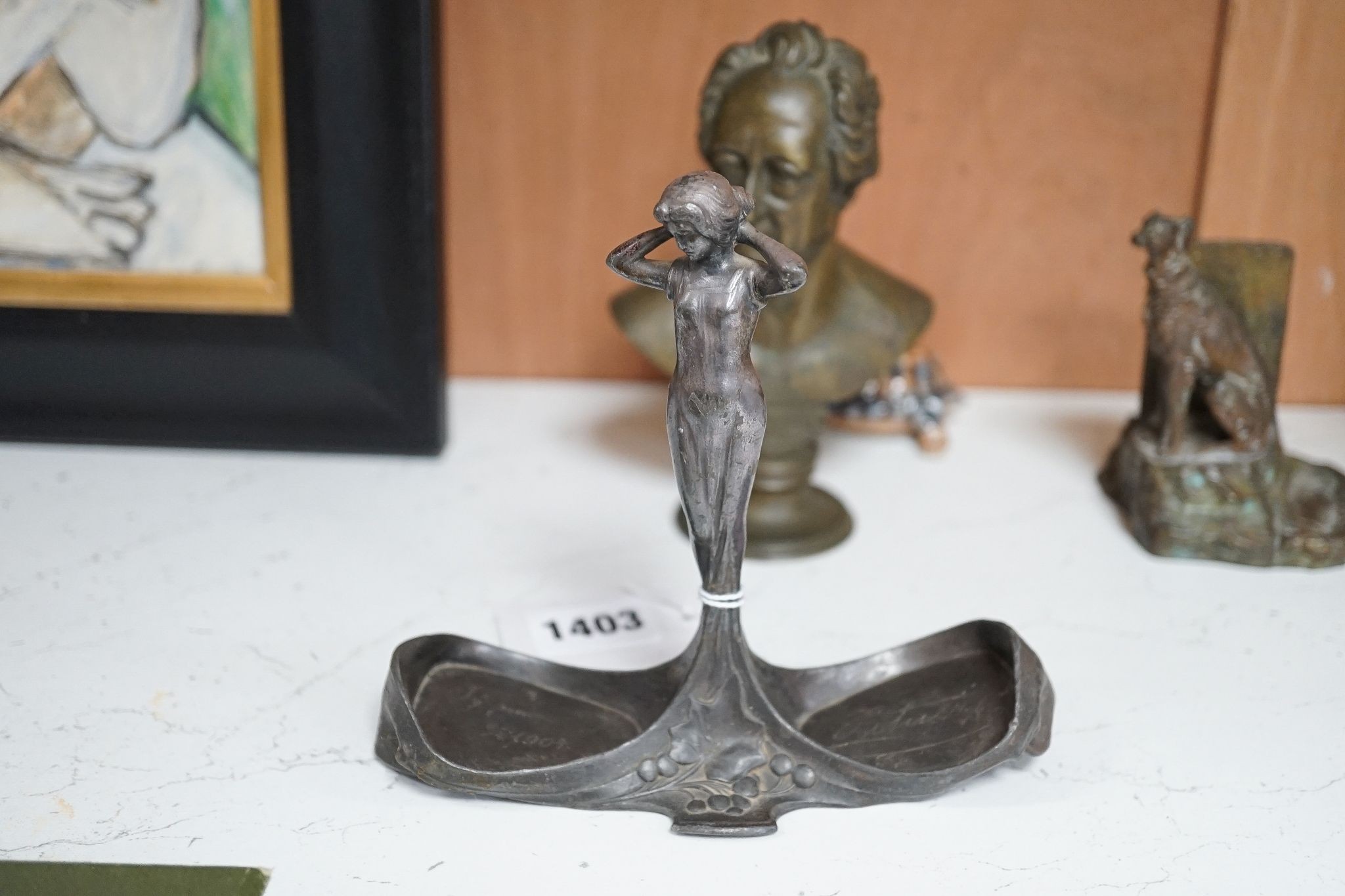 A Bruce Bainsfather Cast brass bottle stopper, 13cm, WMF cruet stand and 7 other items